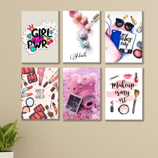 set of 5 make up themed girls room decore wall art wooden sticky Phototile frames